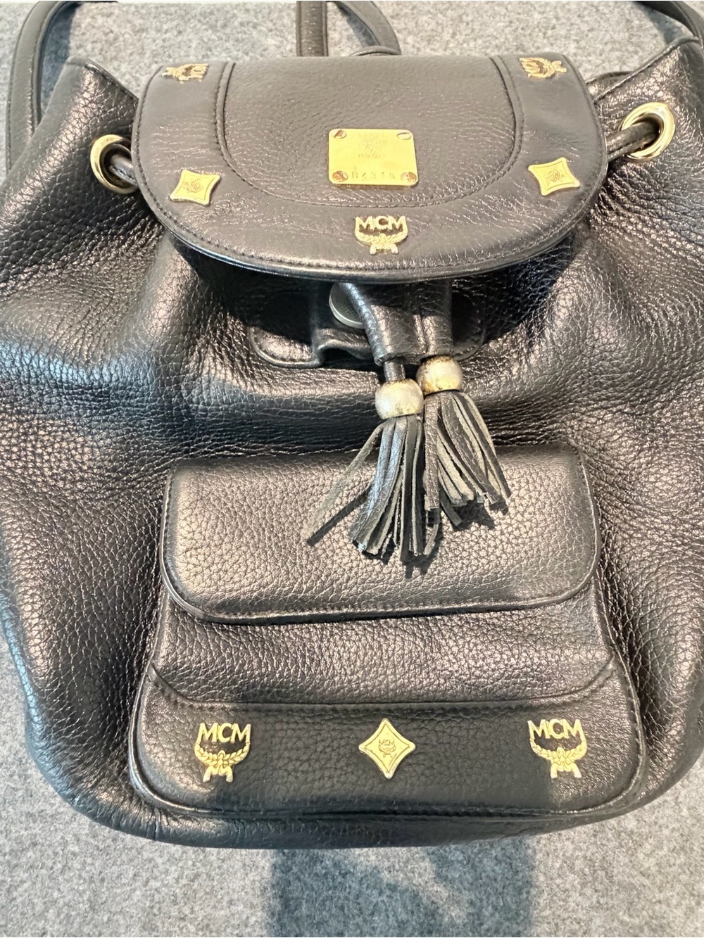 Authentic MCM Black Pebbled Leather Tassel Drawstring Backpack